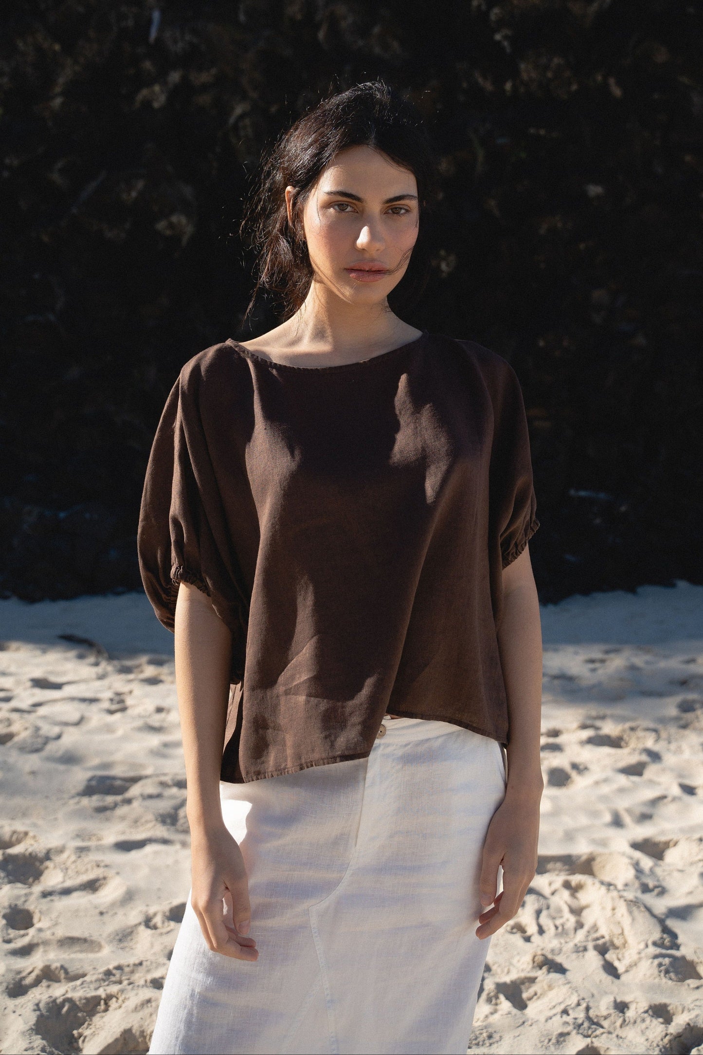 TINA CHOCOLATE LINEN TOP