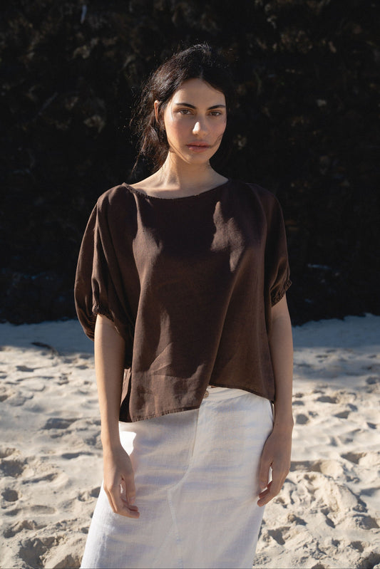 TINA CHOCOLATE LINEN TOP