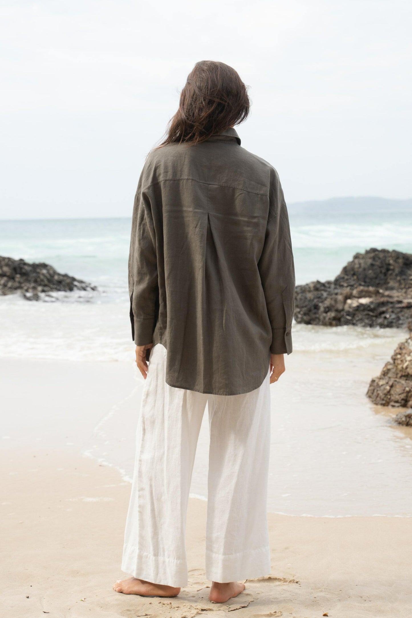 Lilly Pilly Collection Kirra shirt made from 100% Organic linen in Khaki