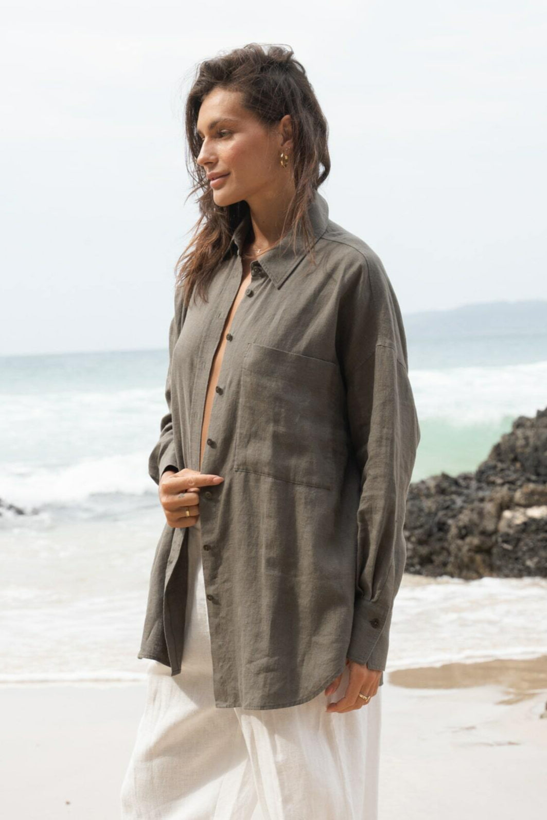 Lilly Pilly Collection Kirra shirt made from 100% Organic linen in Khaki